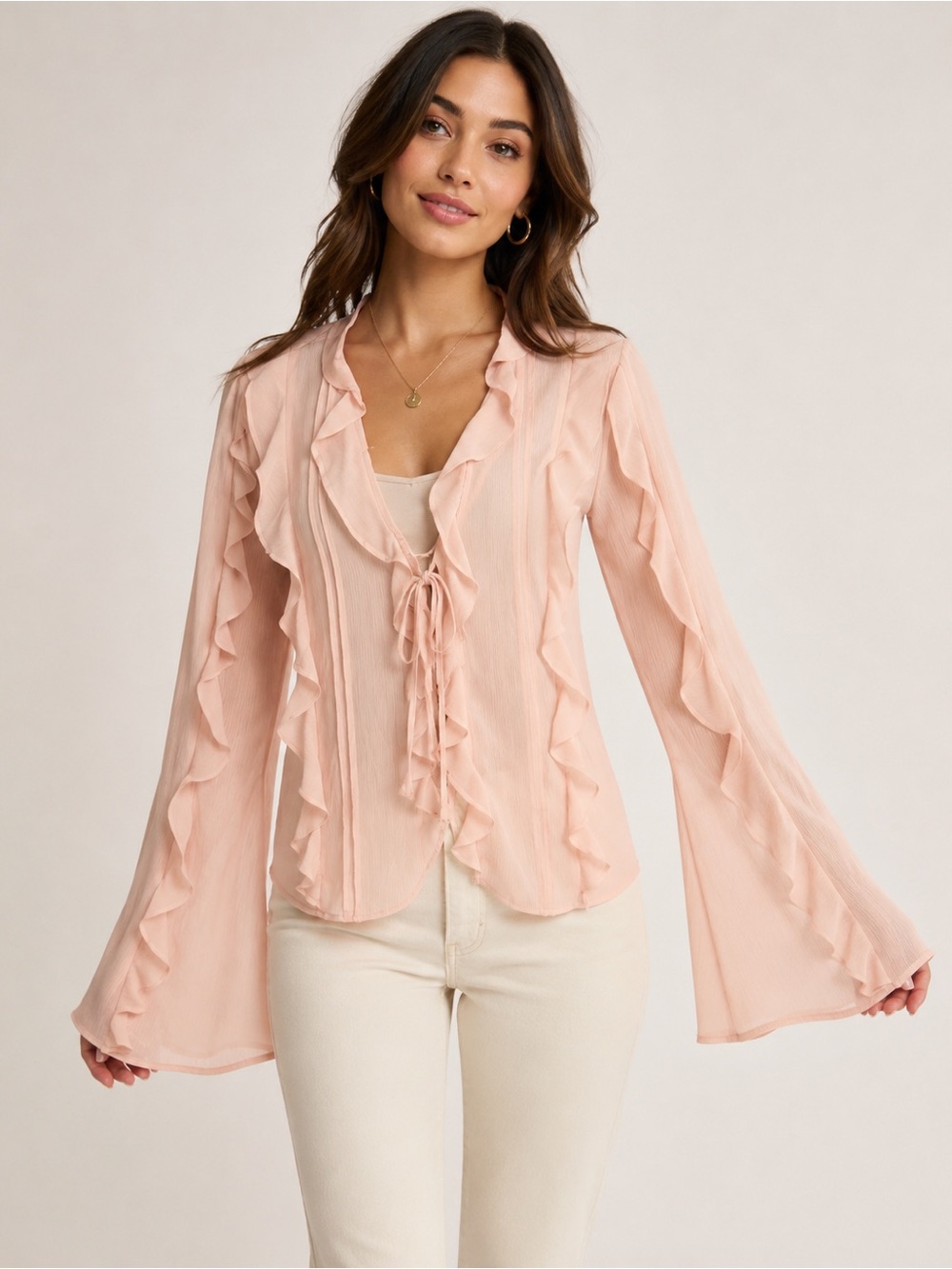 Maison d'Amélie Sheer Ruffled Tie-Front Blouse